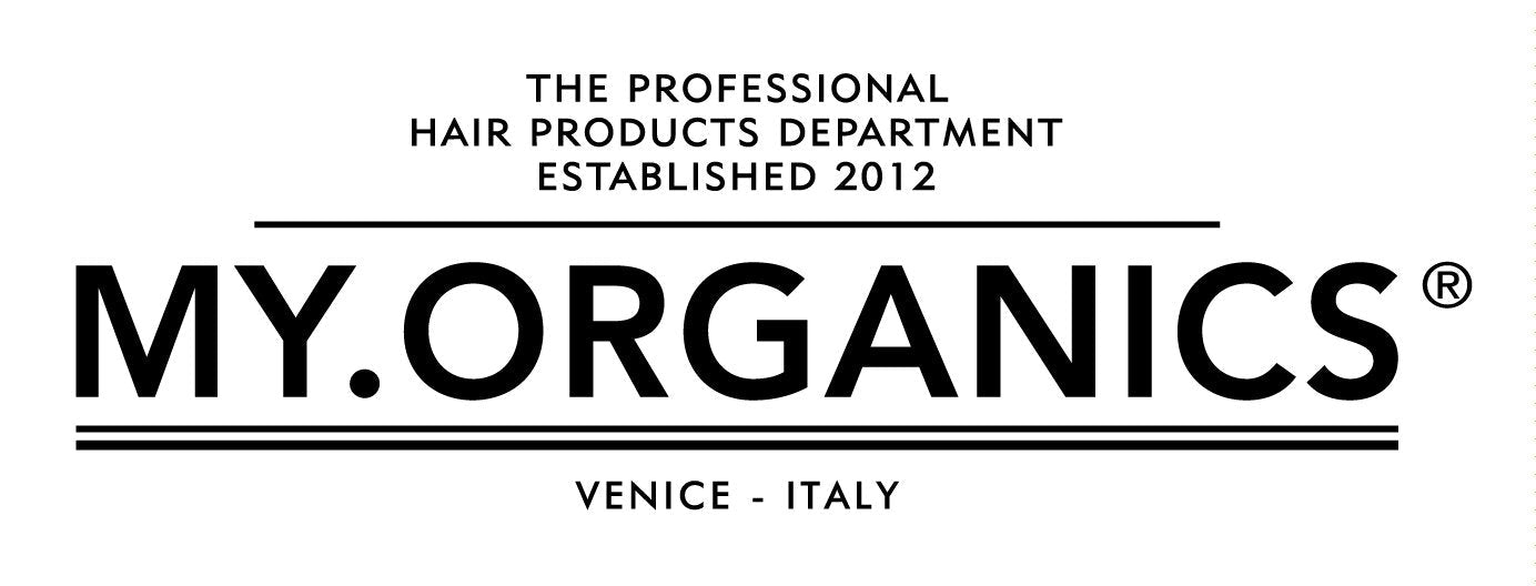 My Organics UK Logo  Black text on white background. It says "The Professional hair products department established 2012. MY.ORGANICS. Venice Italy. The text is in all uppercase.